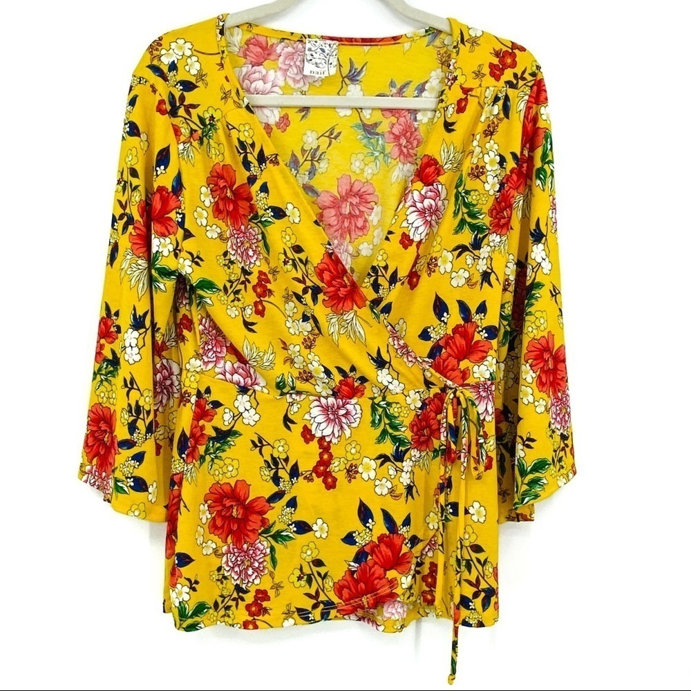 NAÏF Floral Faux Wrap Boho Chic Yellow Top Sz M - Picture 4 of 15